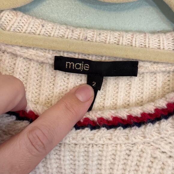 Maje Sweater Womens 2 Cream Red Black Striped Pullover Knitted Jumper Wool Blend - Picture 5 of 8